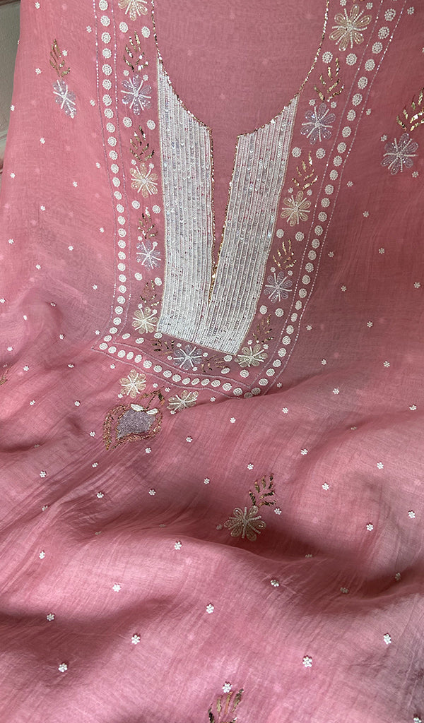 Women's Lakhnavi Handcrafted Mul Chanderi Unstitched Chikankari Full Suit Material - HONC0362598