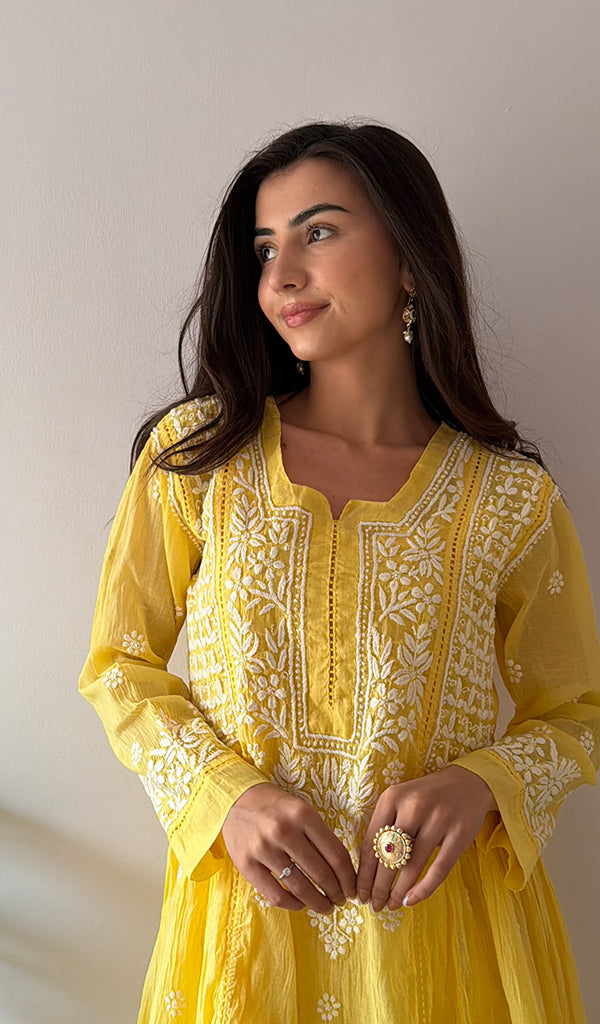 Fariah Women's Lucknowi Handcrafted Mul Chanderi Chikankari Kurti - HONC0264995