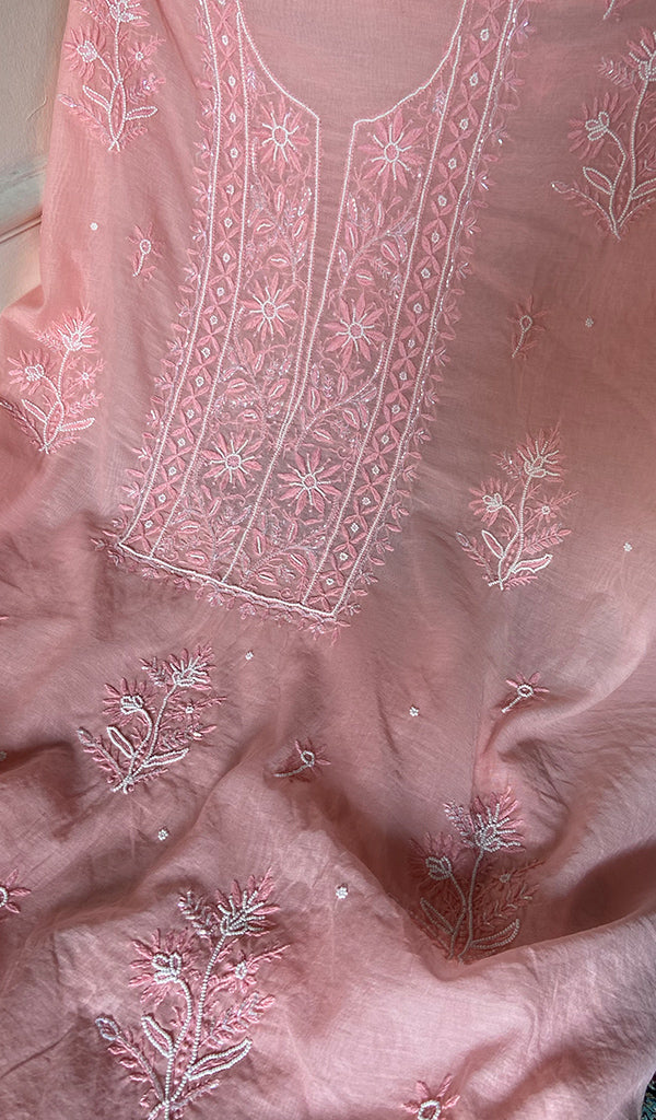 Women's Lakhnavi Handcrafted Mul Chanderi Unstitched Chikankari Full Suit Material - HONC0354633