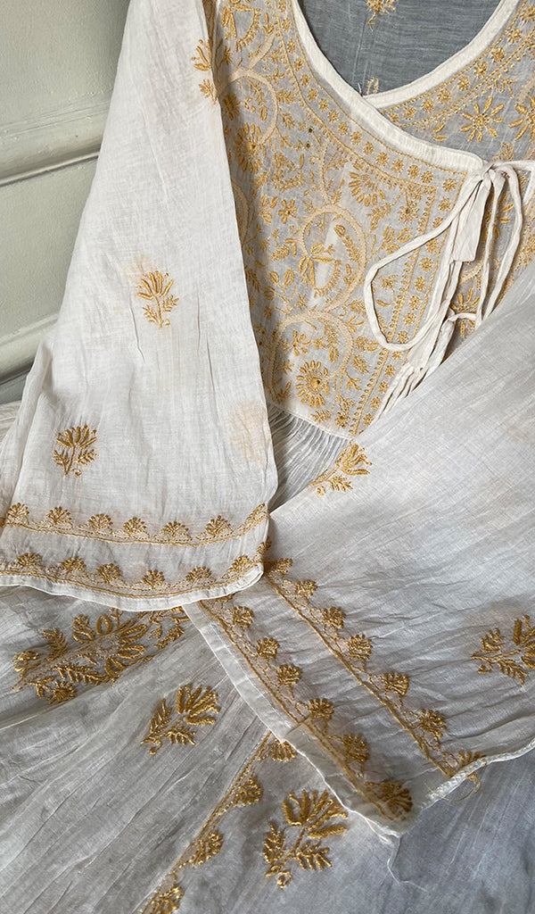 Women's Lakhnavi Handcrafted Mul Chanderi Semi - stitched Angrakha And Dupatta Set - HONC0300848