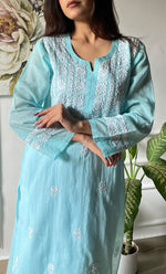 Load image into Gallery viewer, Women&#39;s Lakhnavi Handcrafted Kota Cotton Chikankari Kurti - HONC0306064
