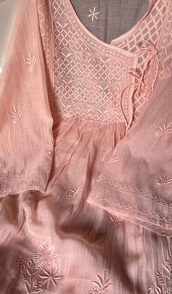 Women's Lakhnavi Handcrafted Mul Chanderi Semi - Stitched Angrakha And Dupatta Set - HONC0255362