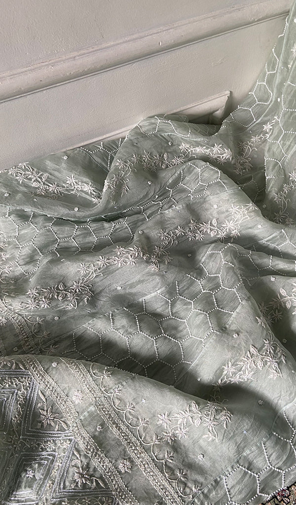 Eshani Women's Lucknowi Handcrafted Pure Organza Silk Chikankari Semi- stitched Anarkali Dupatta Set- HONC0362214