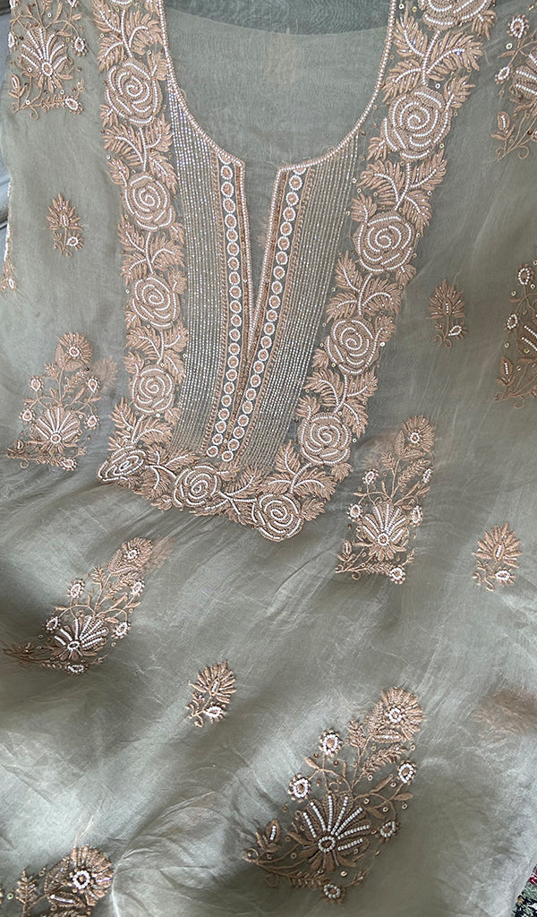 Women's Lakhnavi Handcrafted Pure Organza Chikankari Unstitched Kurta And Dupatta Set - HONC0352105