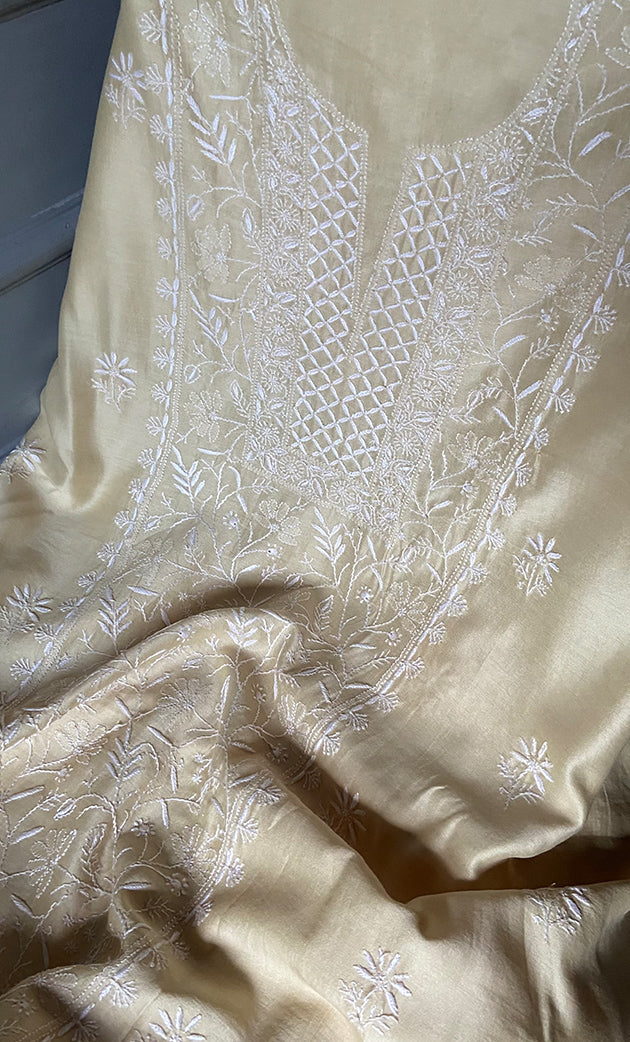 Women's Lucknowi Handcrafted Chanderi Silk Chikankari Full Suit Material - HONC0278037