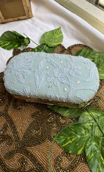 将图像加载到图库查看器中， Sky Blue Handcrafted Chikankari Clutch with Golden Chain - HONC0232412
