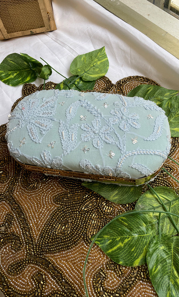 Sky Blue Handcrafted Chikankari Clutch with Golden Chain - HONC0232412