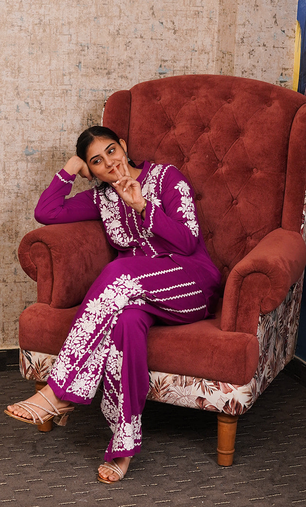 khayal Women's Lakhnavi Handcrafted Cotton Chikankari Kurti And Plazzo Set - HONC0323928