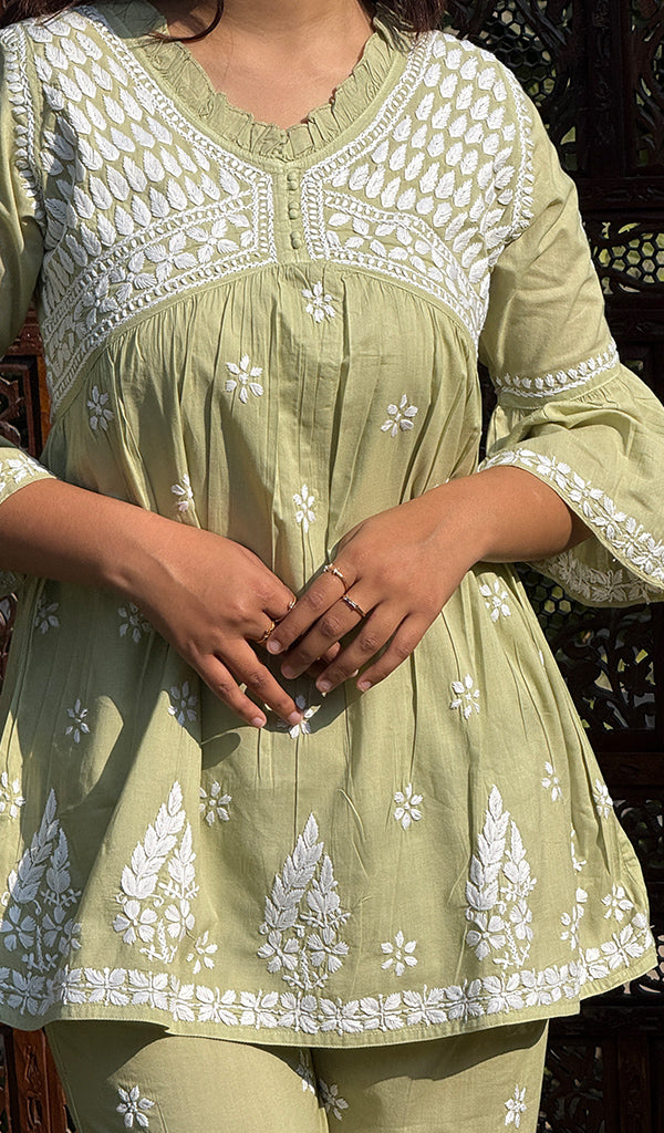 Women's Lakhnavi Handcrafted Cotton Chikankari Kurta And Afghani pant Set - HONC0268726