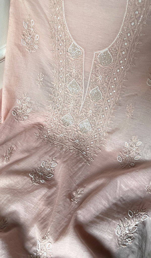 Women's Lakhnavi Handcrafted Mul Chanderi Unstitched Chikankari Full Suit Material - HONC0314655
