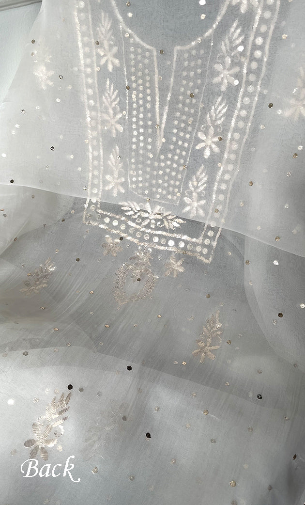 Women's Lakhnavi Handcrafted Pure Organza Chikankari Unstitched Kurta And Dupatta Set- HONC032185