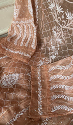 Load image into Gallery viewer, Women's Lakhnavi Handcrafted Pure Organza Chikankari Semi - Stitched Kurta And Dupatta Set- HONC0310093