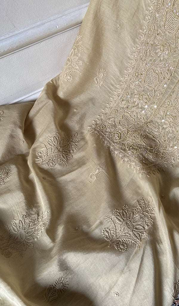 Women's Lakhnavi Handcrafted Muslin Unstitched Chikankari Full Suit - HONC0344388