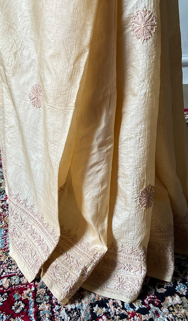 Women's Lakhnavi Handcrafted Tussar Silk Chikankari Saree - HONC0342570