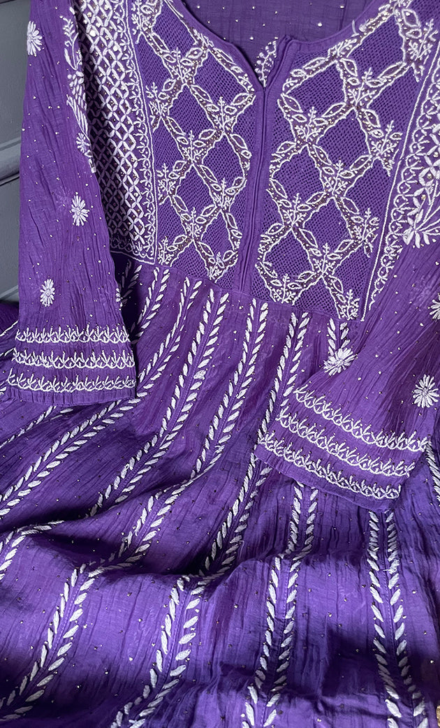 Women's Lakhnavi Handcrafted Mul Chanderi Chikankari Kurta, Dupatta ,Matching Slip And Pant Set - HONC0249449