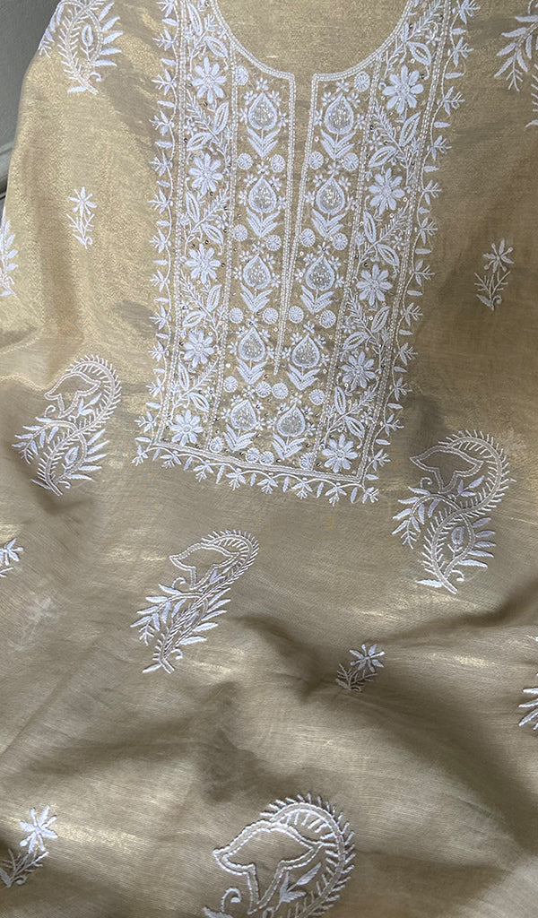 Women's Lakhnavi Handcrafted Tissue Chanderi Unstitched Chikankari Kurta And Dupatta Set - HONC0366822