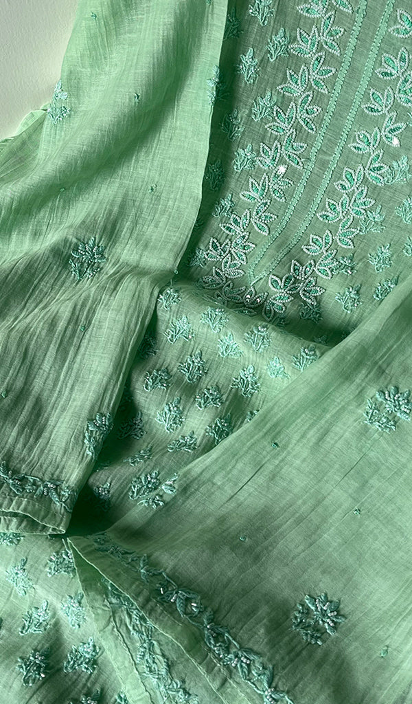 Saziya Women's Lakhnavi Handcrafted Mul Chanderi Semi - Stitched Kurta And Dupatta Set - HONC0253605