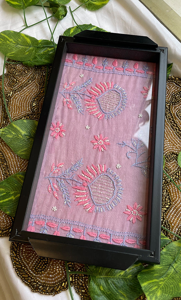 Handcrafted Chikankari Tray with Two Coasters – Wooden Frame - HONC0310956