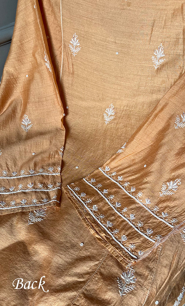 Women's Lakhnavi Handcrafted Munga Silk Semi - Stitched Chikankari Kurta And Dupatta Set- HONC0281959