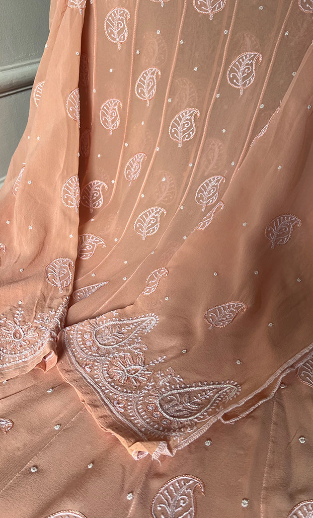 Women's Lakhnavi Handcrafted Pure Silk Georgette Unstitched Chikankari Anarkali And Dupatta Set- HONC0258457