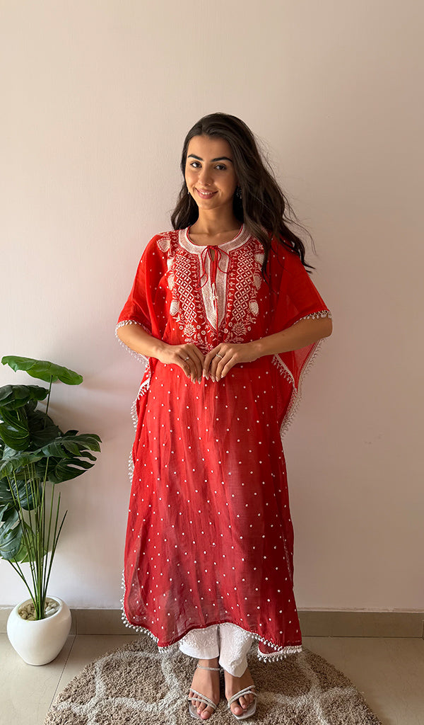 Pragya Women's Lucknowi Handcrafted Mul chanderi Chikankari Kaftan - HONC0459878