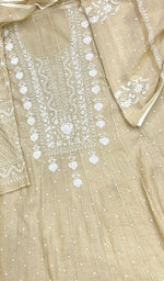 Load image into Gallery viewer, Women&#39;s Lakhnavi Handcrafted Tissue Chanderi Semi - Stitched Chikankari Kurta Dupatta Set - HONC0221034
