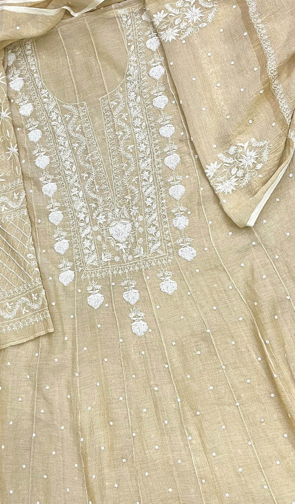 Women's Lakhnavi Handcrafted Tissue Chanderi Semi - Stitched Chikankari Kurta Dupatta Set - HONC0221034