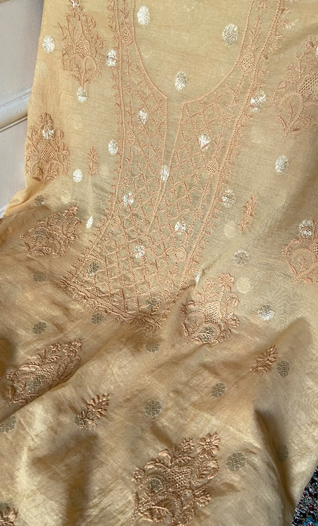 Women's Lakhnavi Handcrafted Mul Chanderi Unstitched Chikankari Full Suit Material - HONC0316860