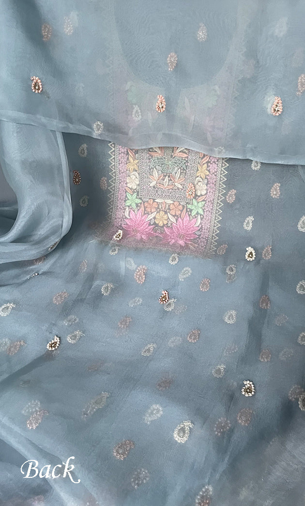 Women's Lakhnavi Handcrafted Pure Organza  Silk Chikankari Unstitched Full Suit Material - HONC0267223