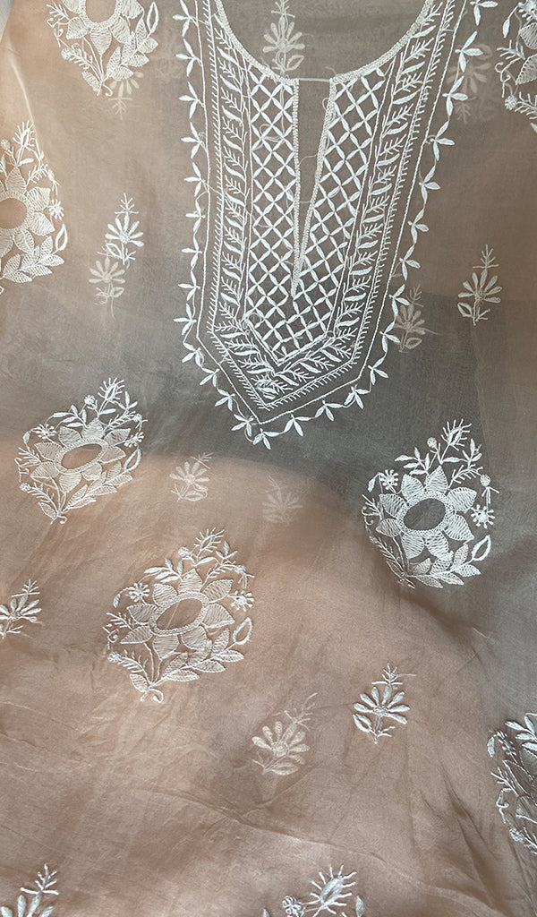 Women's Lakhnavi Handcrafted Pure Organza Chikankari Unstitched Kurta Dupatta Set- HONC0365705