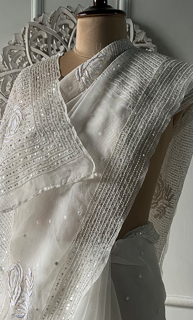 Women's Lucknowi Handcrafted Pure Organza Silk Chikankari Saree - HONC0307590