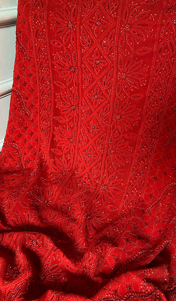 Women's Lucknowi Handcrafted Viscose Georgette Unstitched Chikankari Suit Material - HONC0325144