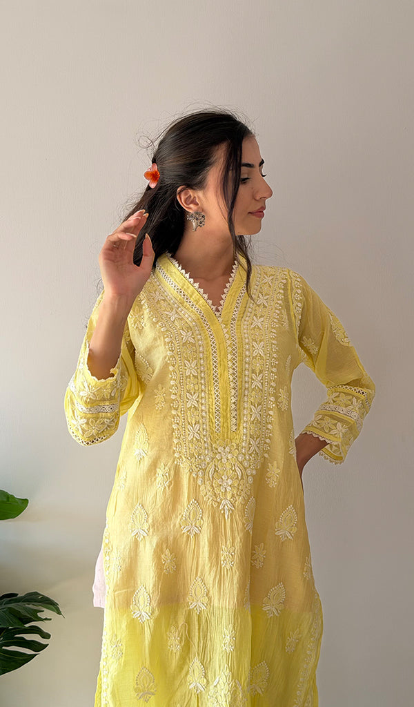 Women's Lucknowi Handcrafted Mul Chanderi Stitched Chikankari Kurta And Plazzo Set- HONC0378802