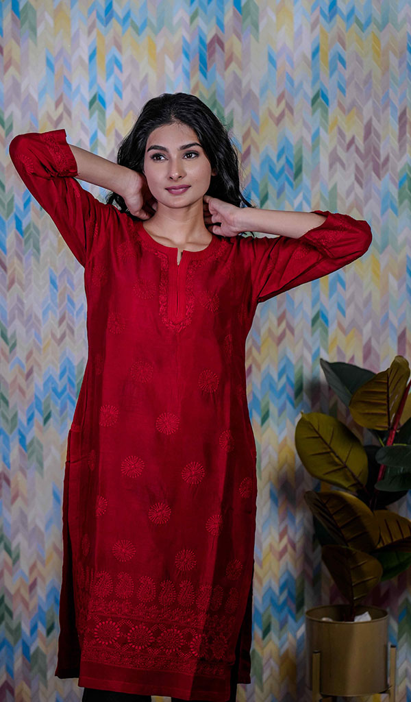 Heena Women's Lucknowi Handcrafted Raw Silk Chikankari Kurti - HONC020971