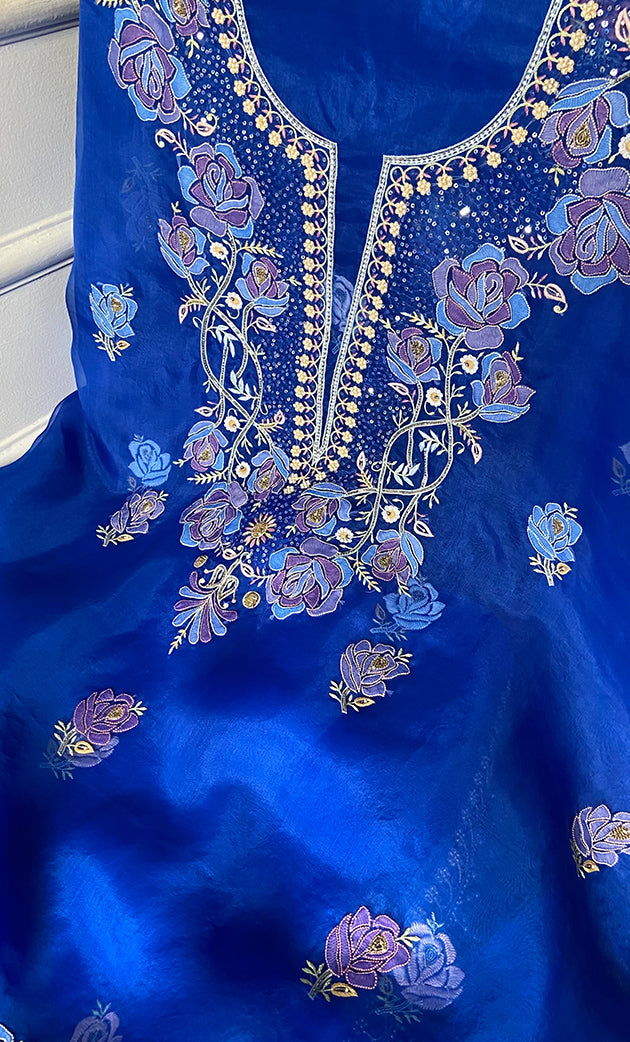 Women's Lakhnavi Handcrafted Pure Organza Chikankari Unstitched Kurta And Dupatta Set- HONC0343160