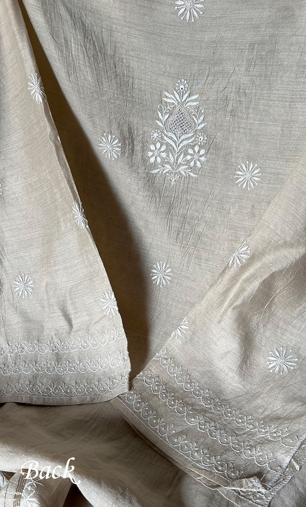 Women's Lakhnavi Handcrafted Munga Silk Semi - Stitched Chikankari Kurta And Dupatta Set- HONC0265423