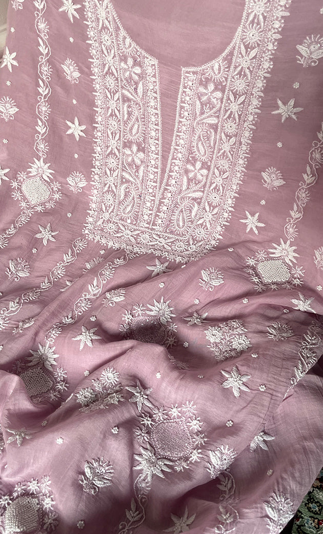 Women's Lakhnavi Handcrafted Unstitched Mul Chanderi Kurta And Dupatta Set - HONC0329033