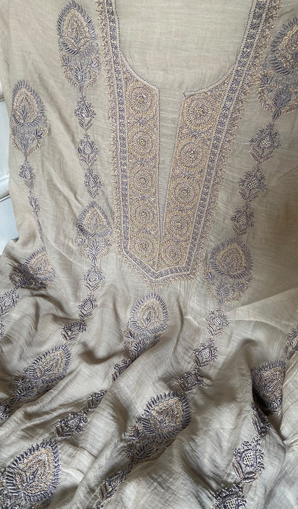 Women's Lakhnavi Handcrafted Mul Chanderi Unstitched Kurta And Dupatta Set- HONC0326150