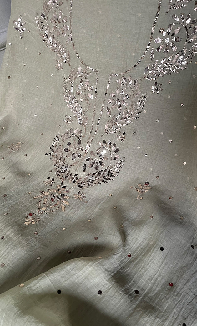 Women's Lakhnavi Handcrafted Mul Chanderi Unstitched Chikankari Full Suit Material - HONC0328514