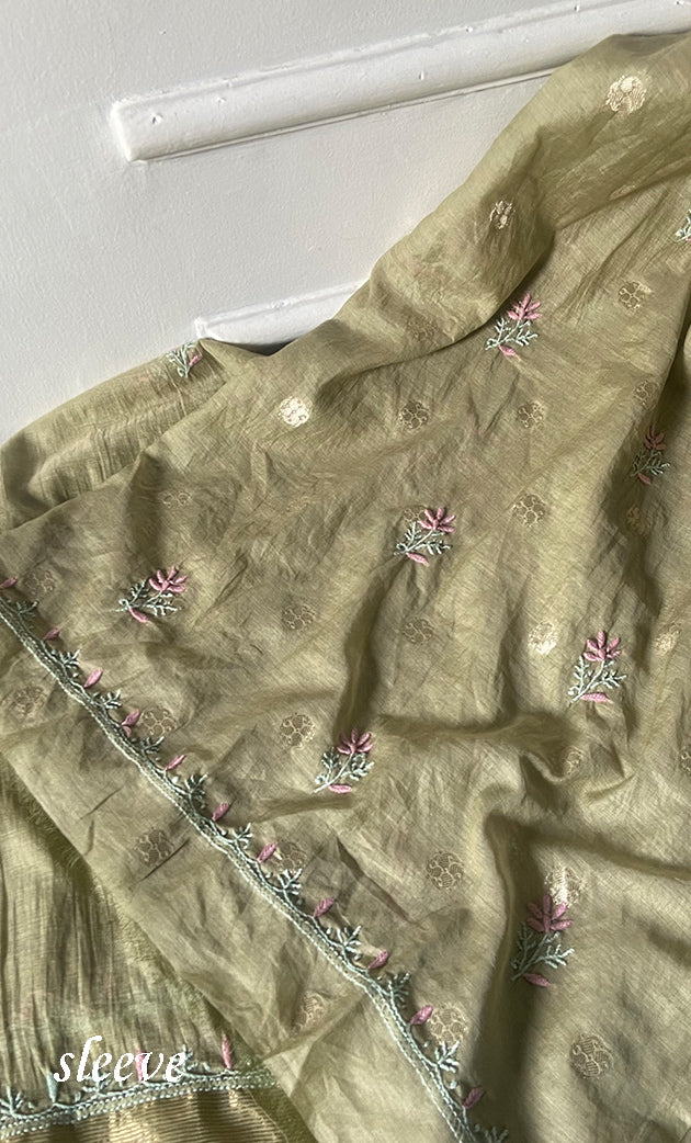 Women's Lakhnavi Handcrafted Mul Chanderi Unstitched Chikankari Full Suit Material - HONC0316855
