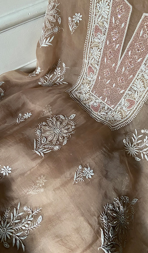 Women's Lakhnavi Handcrafted Pure Organza Chikankari Unstitched Kurta And Dupatta Set- HONC0341494