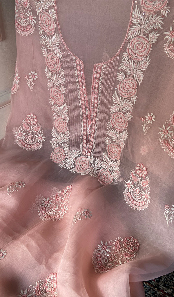 Women's Lakhnavi Handcrafted Pure Organza Chikankari Unstitched Kurta And Dupatta Set- HONC0342714