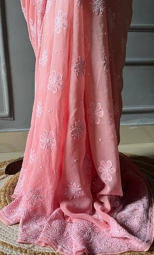 Women's Lakhnavi Handcrafted Pure Silk Georgette Chikankari - HONC0285571