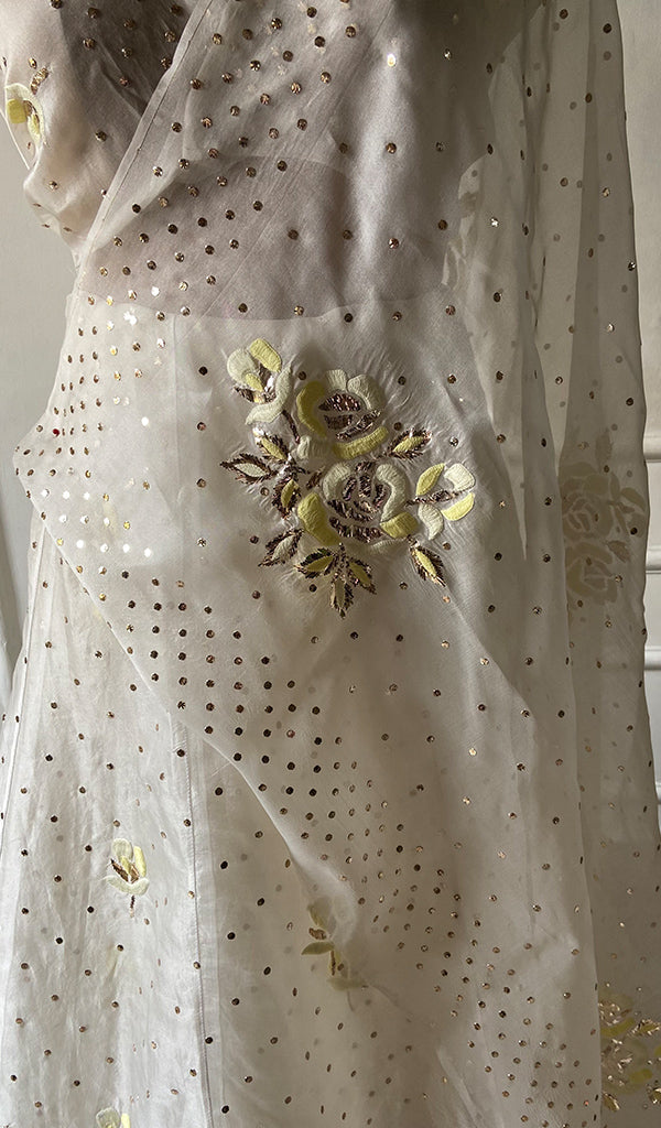 Women's Lakhnavi Handcrafted Bridal Pure Organza Silk Chikankari Lehenga Set - HONC0360858