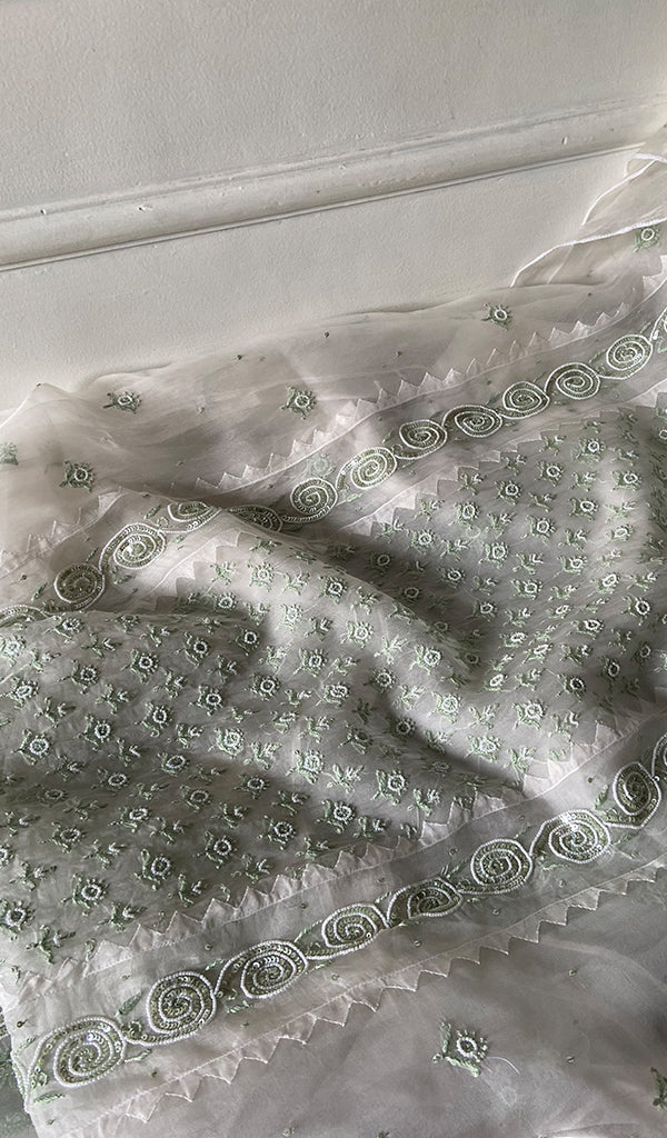 Women's Lucknowi Handcrafted Pure Organza Silk Chikankari Semi- stitched Kurta Dupatta Set- HONC0363193
