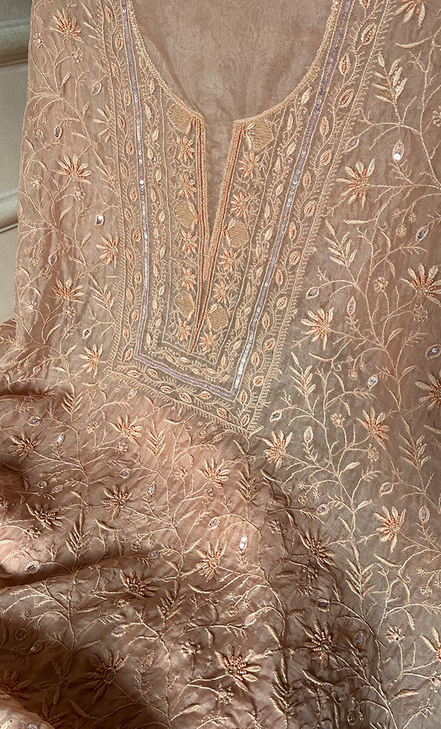 Women's Lakhnavi Handcrafted Pure Organza Chikankari Unstitched Kurta And Dupatta Set- HONC0327850