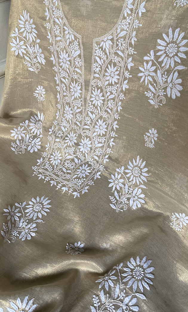 Women's Lakhnavi Handcrafted Tissue Chanderi Unstitched Chikankari Kurta And Dupatta Set - HONC032400