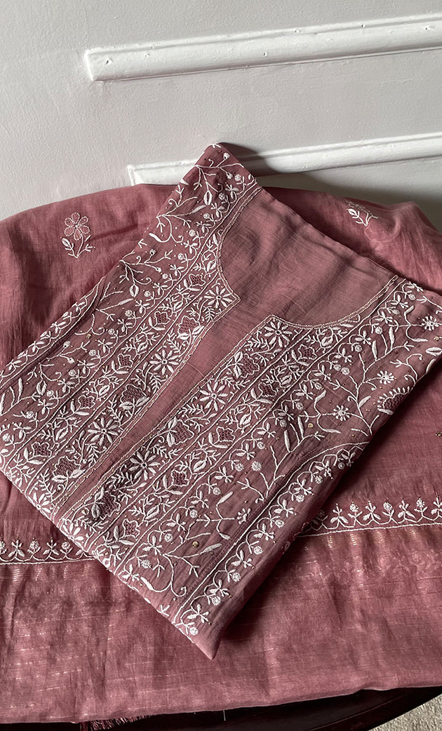 Women's Lakhnavi Handcrafted Mul Chanderi Semi -stitched Chikankari Full Suit Material - HONC0296117