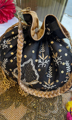 Load image into Gallery viewer, Black Chikankari Embroidered Potli Bag with Golden Bead Tassels - HONC0316098
