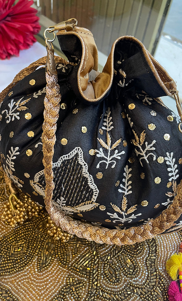 Black Chikankari Embroidered Potli Bag with Golden Bead Tassels - HONC0316098